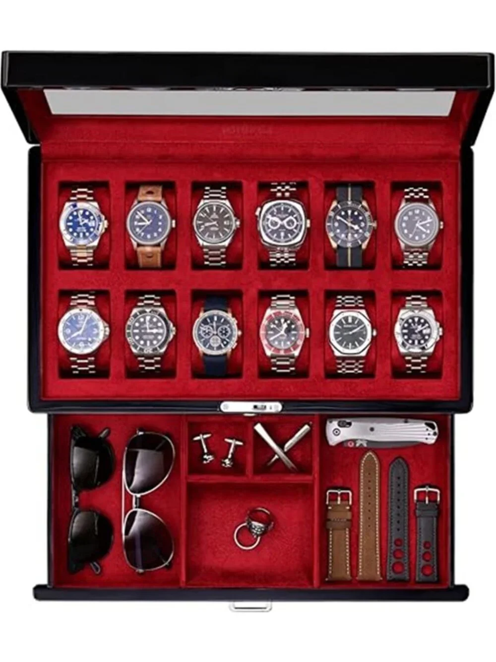 12-Slot Piano Black Watch Box with Valet Drawer - Premium Jewelry